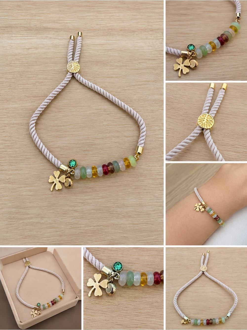 Gold Clover Charm Bracelet with Multicolor Beads on Cream Rope